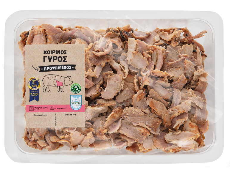 Συσκευασμένος χοιρινός γύρος, προψημένος, με οδηγίες παρασκευής και σφραγίδα βραβείου γεύσης.