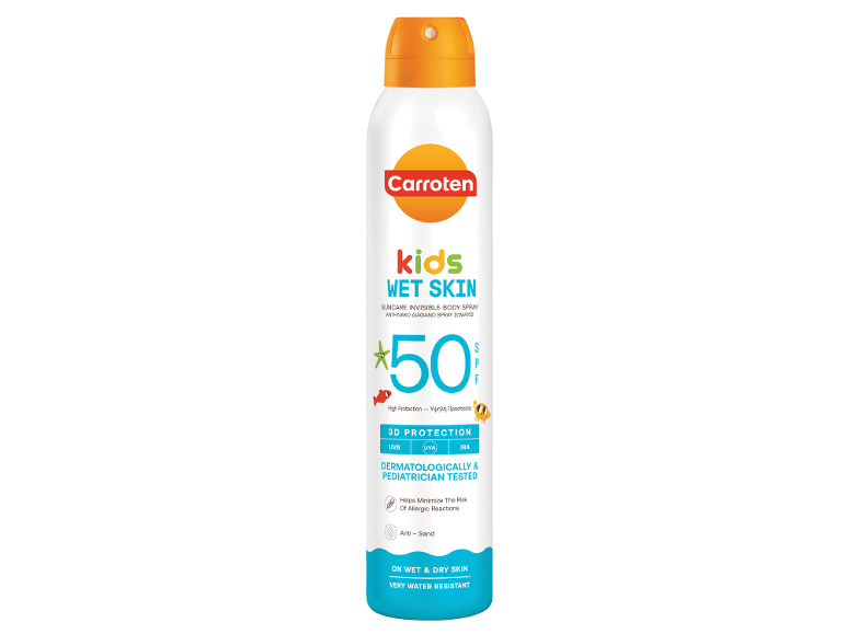 Παιδικό αντηλιακό σπρέι με SPF 50, ανθεκτικό σε νερό και άμμο.