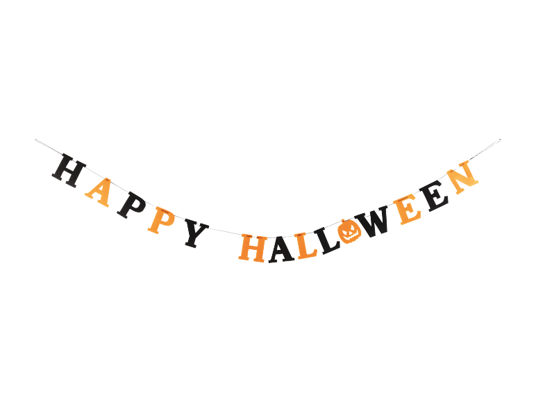 Γιρλάντα Halloween με τις λέξεις 'HAPPY HALLOWEEN' και μια κολοκύθα.