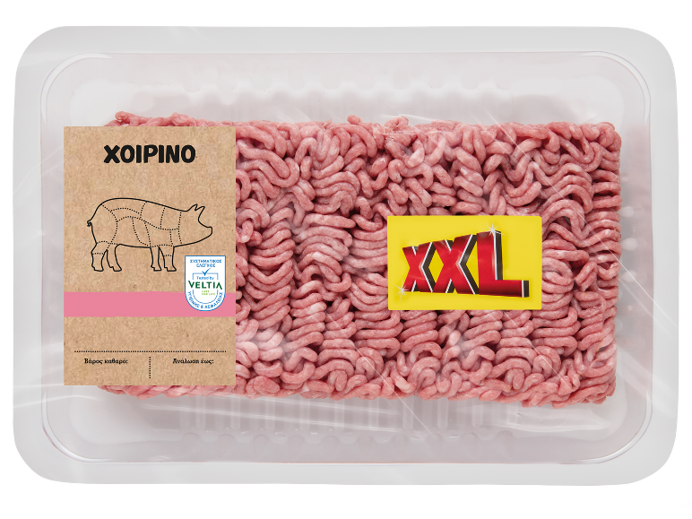 Συσκευασία χοιρινού κιμά με ετικέτα XXL και πληροφορίες για το βάρος και την ημερομηνία λήξης.