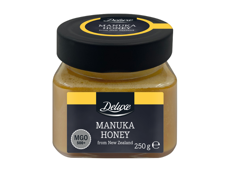 Βάζο με μέλι Manuka με μαύρη ετικέτα και κίτρινες λεπτομέρειες, MGO 500+ και 250 γρ.