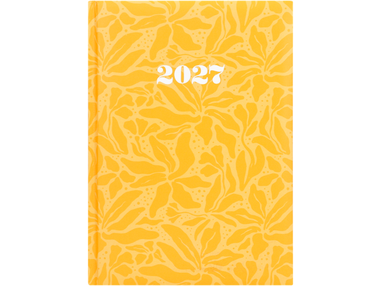 Κίτρινο ημερολόγιο 2027 με floral μοτίβο φύλλων και κουκκίδων.