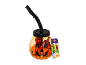 Ποτήρι Halloween σε σχήμα κολοκύθας με καλαμάκι, γεμάτο καραμέλες, και ετικέτα Halloween.