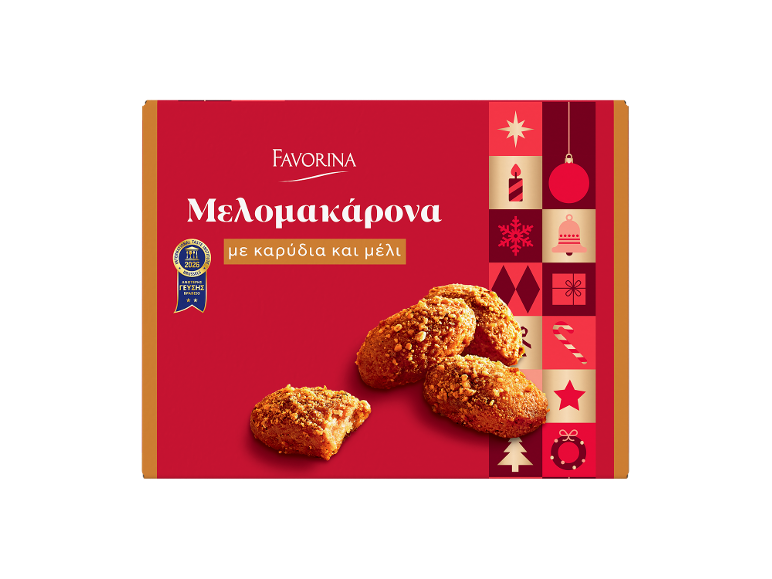 Μελομακάρονα με καρύδια και μέλι, βραβευμένα για ανώτερη γεύση, με χριστουγεννιάτικα μοτίβα.