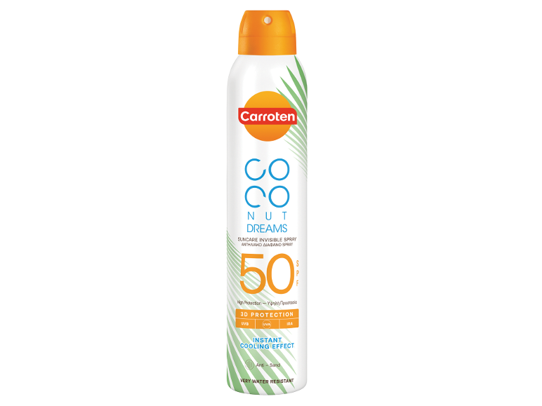 Αντηλιακό σπρέι με SPF 50, 3D προστασία, άμεσο δροσιστικό αποτέλεσμα και πολύ ανθεκτικό στο νερό.