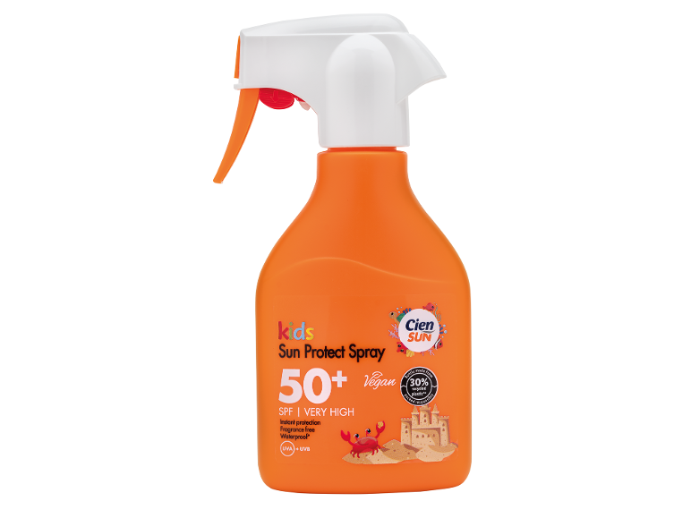 Παιδικό αντηλιακό σπρέι SPF 50+, αδιάβροχο, χωρίς άρωμα, με θαλάσσια μοτίβα.