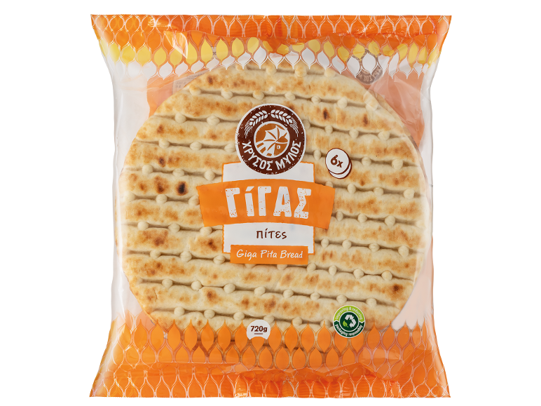 Συσκευασία 6 ψωμιών Giga Pita, 720g, με λογότυπο ανακύκλωσης.