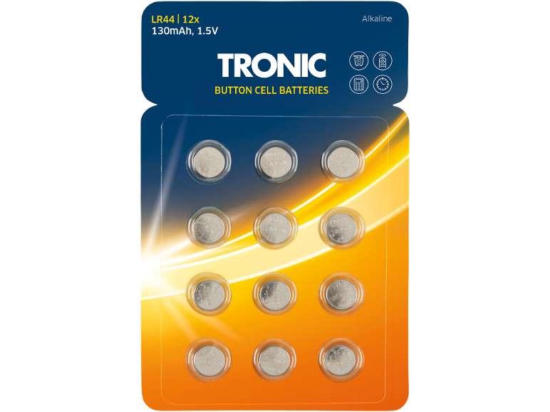 Δώδεκα αλκαλικές μπαταρίες κουμπί, LR44, 130mAh, 1.5V, σε συσκευασία blister.