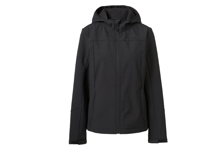 Μαύρο γυναικείο softshell μπουφάν με κουκούλα και φερμουάρ.