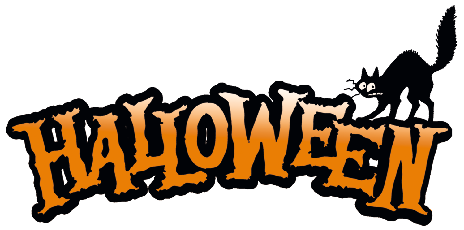 Κείμενο HALLOWEEN σε πορτοκαλί χρώμα με μια μαύρη γάτα.
