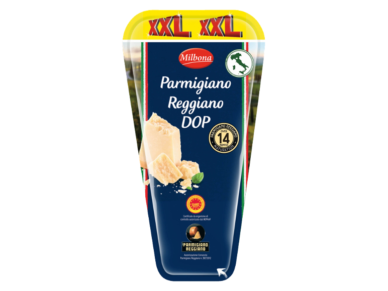 Συσκευασία τυριού Parmigiano Reggiano ΠΟΠ, ωριμασμένο για πάνω από 14 μήνες, μέγεθος XXL.
