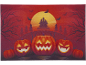 Σκηνή Halloween με σκαλιστές κολοκύθες, ένα στοιχειωμένο σπίτι, νυχτερίδες και δέντρα κάτω από πανσέληνο.