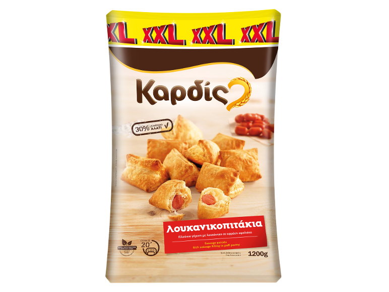 Συσκευασία κατεψυγμένων λουκανικοπιτάκια σε σφολιάτα, με κείμενο «XXL» και «30% λιγότερο αλάτι».