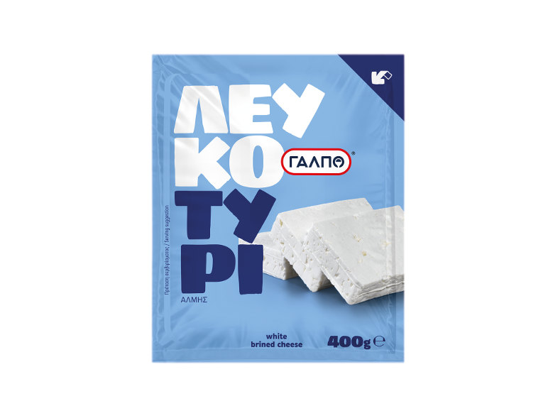 Συσκευασία λευκού τυριού άλμης με την επιγραφή «λευκό τυρί άλμης» και βάρος 400γρ.