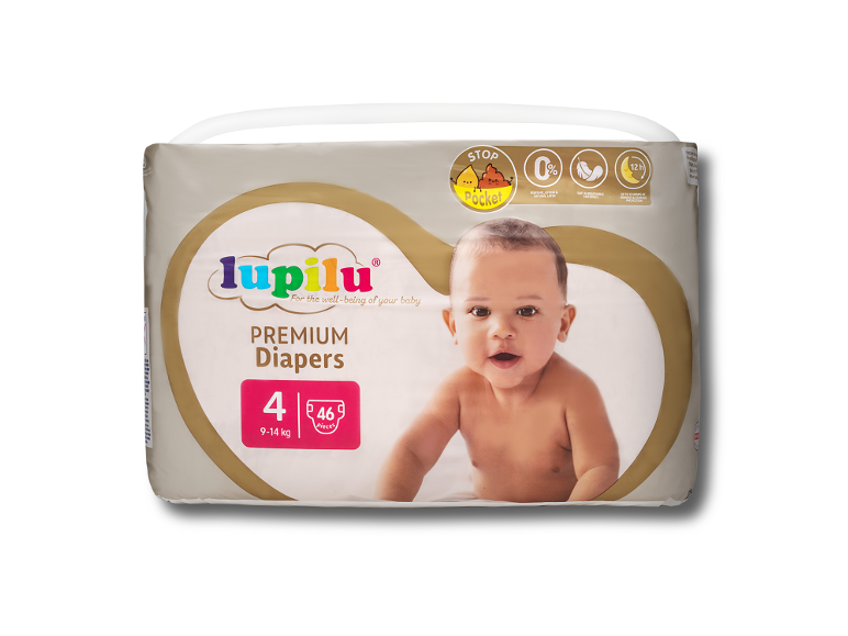 Πάνες premium, μέγεθος 4 (9-14 kg), 46 τεμάχια, με ένα μωρό στη συσκευασία.