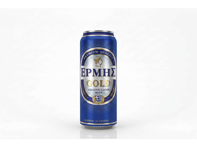 Μπλε κουτί μπύρας lager με την επιγραφή «PREMIUM QUALITY», «ΕΡΜΗΣ GOLD» και «HELLENIC LAGER BEER».
