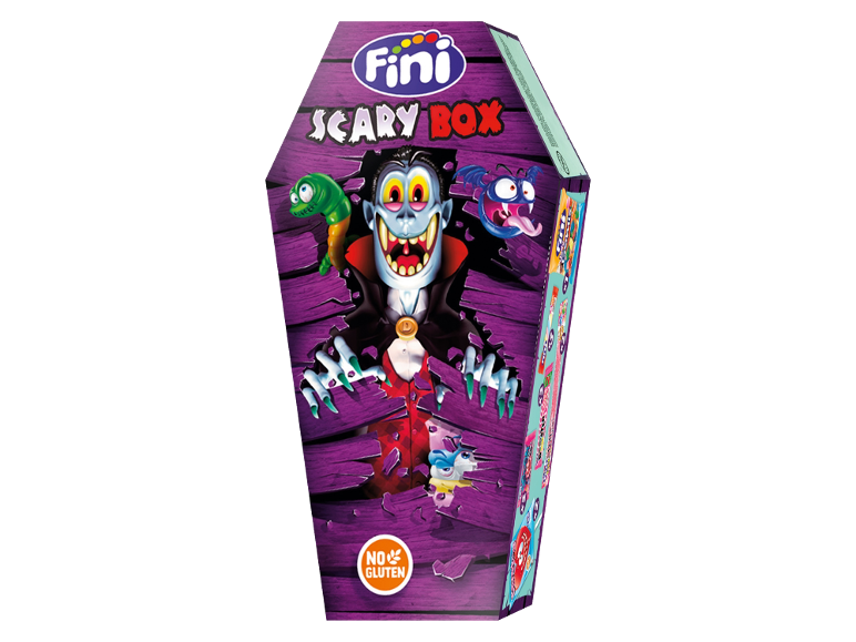 Κουτί καραμελών με θέμα το Halloween, με έναν βρικόλακα και το κείμενο 'SCARY BOX'.