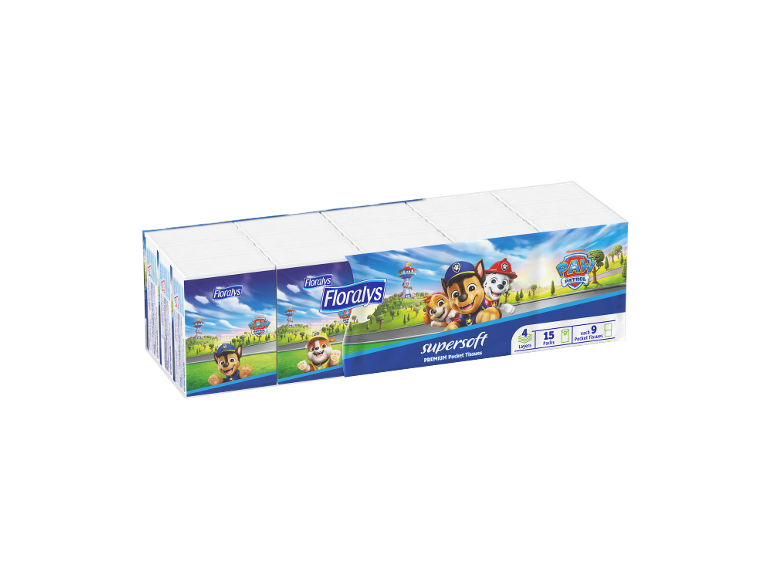 Πακέτο χαρτομάντιλων τσέπης με θέμα Paw Patrol, 4 στρώσεις, 15 πακέτα, 9 χαρτομάντιλα το καθένα.
