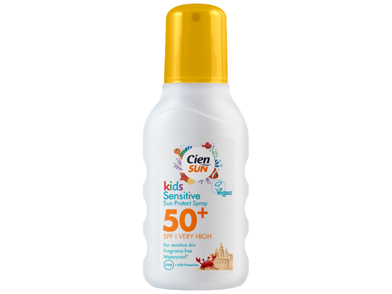 Παιδικό ευαίσθητο αντηλιακό σπρέι SPF 50+ με προστασία UVA + UVB, αδιάβροχο και vegan.