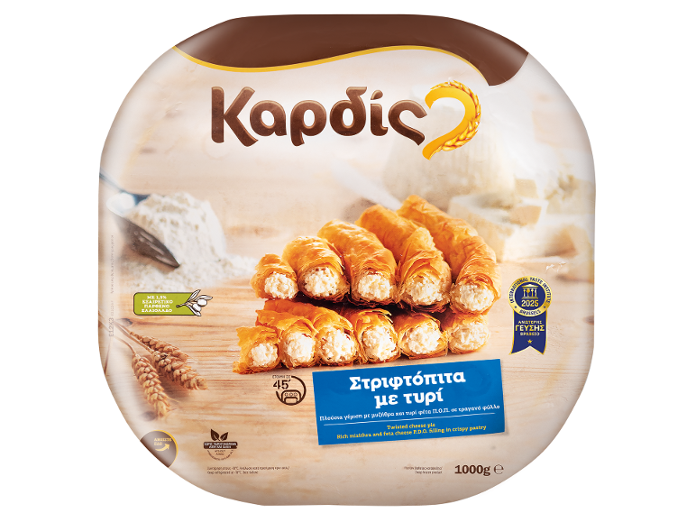 Συσκευασία στριφτόπιτας με τυρί, με στάχυα σιταριού και ελαιόλαδο.