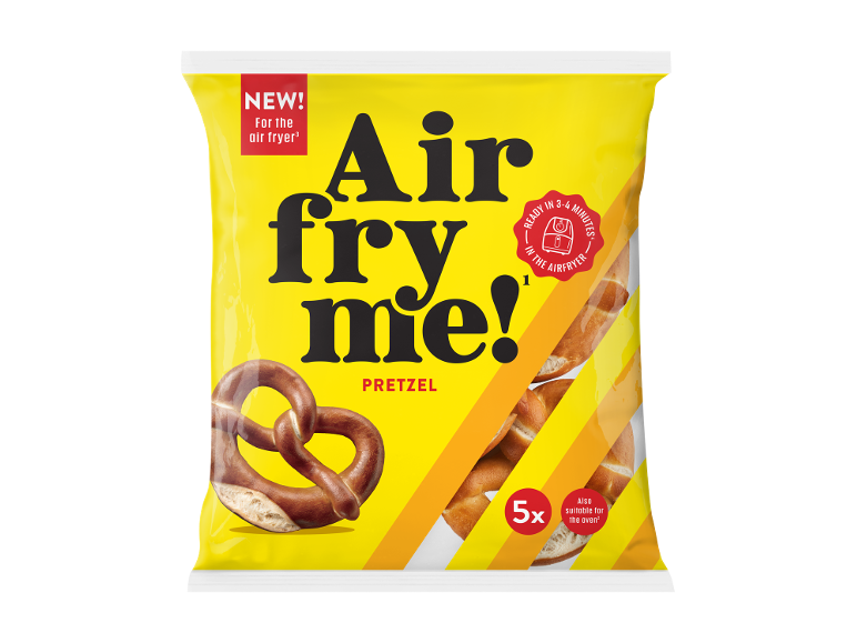 Κίτρινη σακούλα πρέτσελ, κείμενο 'Air fry me!', έτοιμα σε 3-4 λεπτά σε φριτέζα αέρος, 5x.