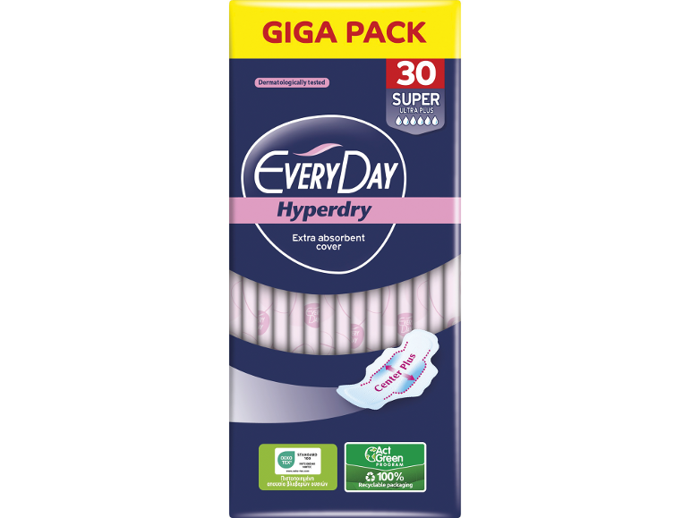 Σερβιέτες, 30 super ultra plus, δερματολογικά ελεγμένες, 100% ανακυκλώσιμη συσκευασία.