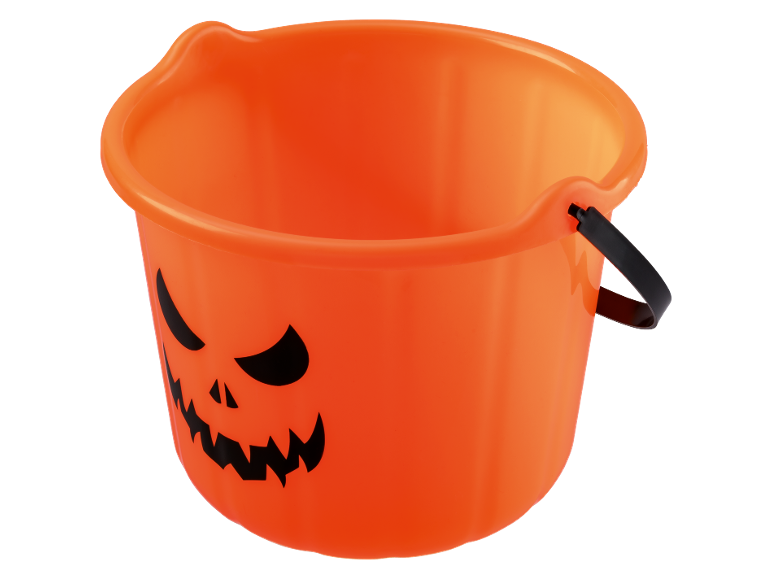 Πορτοκαλί κουβάς Halloween με σκαλιστό πρόσωπο κολοκύθας και μαύρη λαβή.