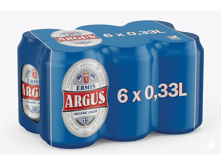 Εξάδα μπλε κουτιών μπύρας, 6 x 0,33L, με ετικέτα Hellenic Lager.