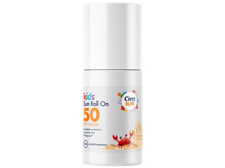 Παιδικό αντηλιακό roll-on SPF 50 με προστασία UVA + UVB, με καβούρι και κάστρο άμμου.