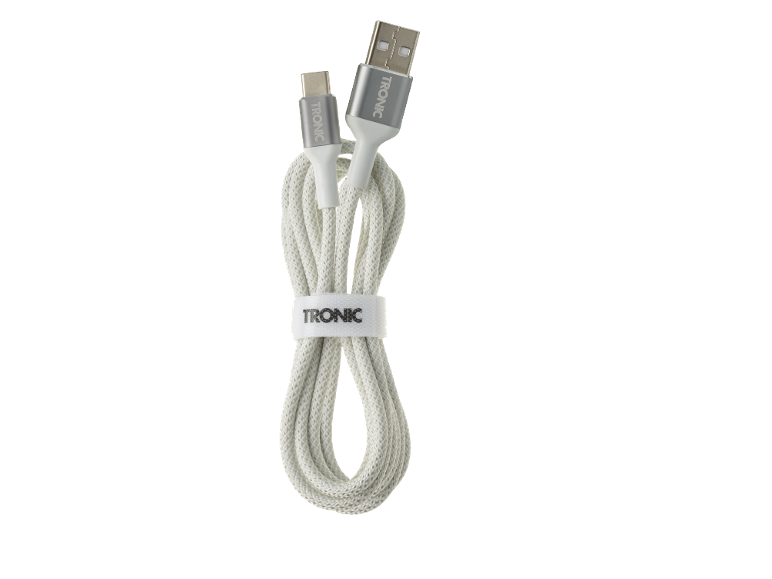 Λευκό πλεκτό καλώδιο φόρτισης USB-A σε USB-C με δέσιμο καλωδίου.
