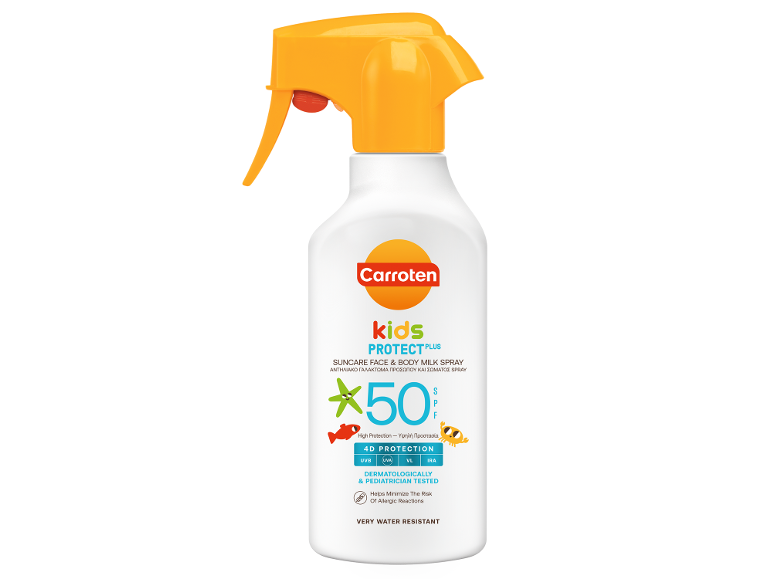Παιδικό αντηλιακό σπρέι SPF 50, 4D προστασία, πολύ ανθεκτικό στο νερό.