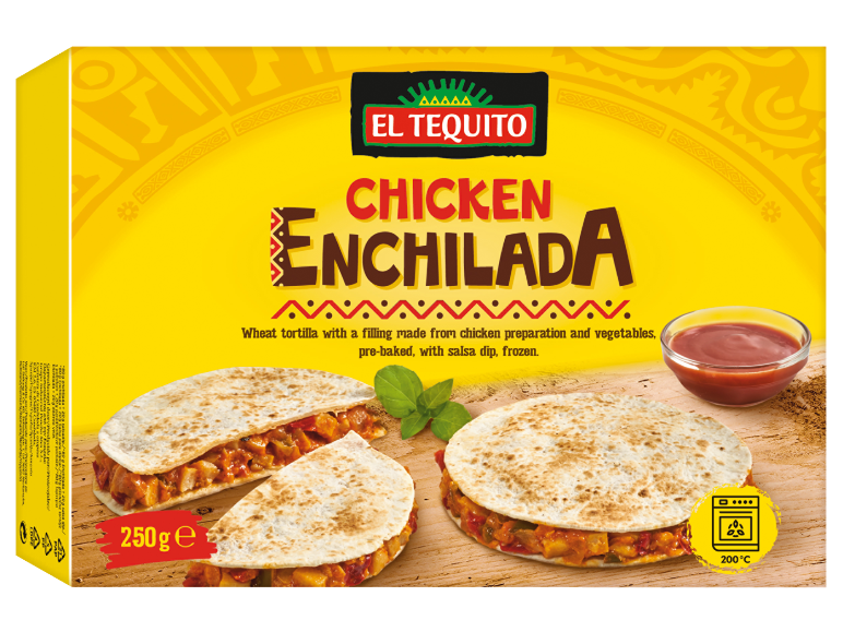 Κουτί κατεψυγμένων τορτίγιων κοτόπουλου enchilada με λαχανικά και σάλτσα.