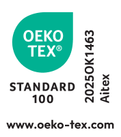 Σφραγίδα OEKO-TEX STANDARD 100 με αριθμό 20250K1463 AITEX και διεύθυνση ιστού.