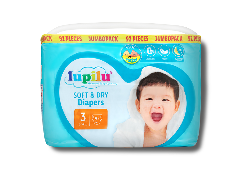 Πακέτο πάνες soft & dry μεγέθους 3 (6-10 kg) με 92 τεμάχια, με ένα χαμογελαστό μωρό.