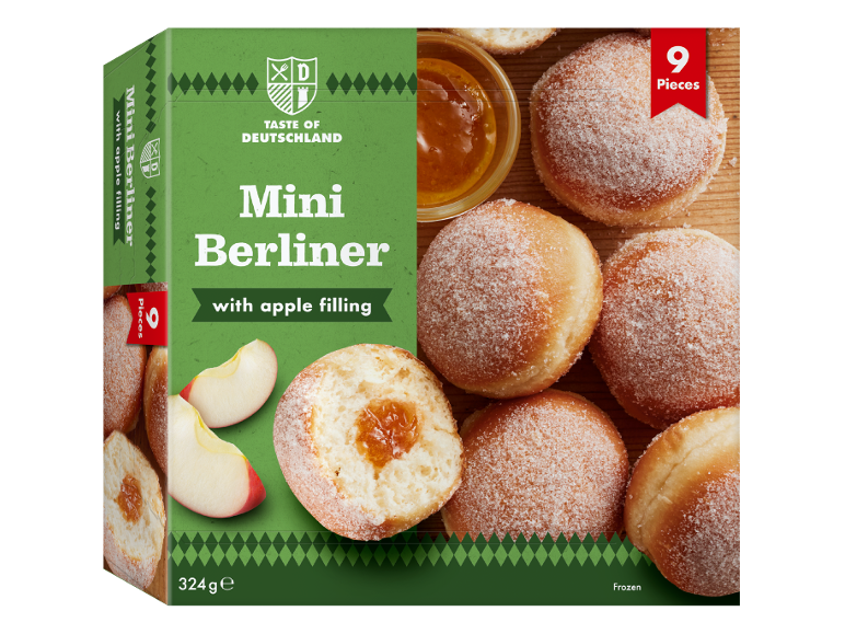 Μίνι ντόνατς Berliner με γέμιση μήλου, 9 τεμάχια, 324γρ, κατεψυγμένα.