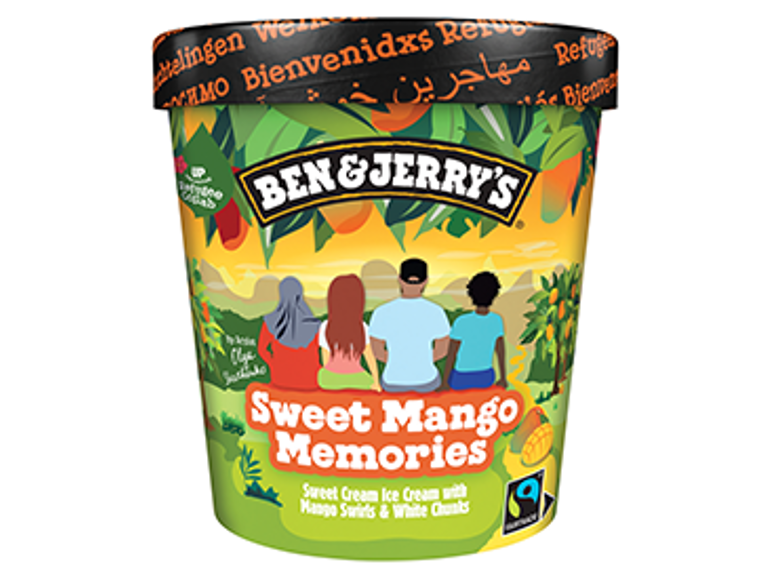 Κουτί παγωτού Sweet Mango Memories με καθιστούς ανθρώπους και μάνγκο.