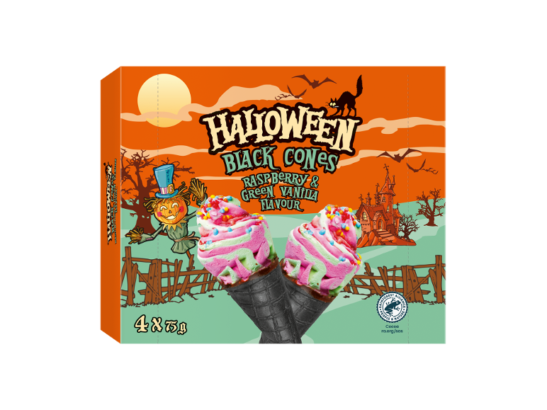 Συσκευασία παγωτών Halloween Black Cones με γεύση βατόμουρο και πράσινη βανίλια, 4x75γρ.