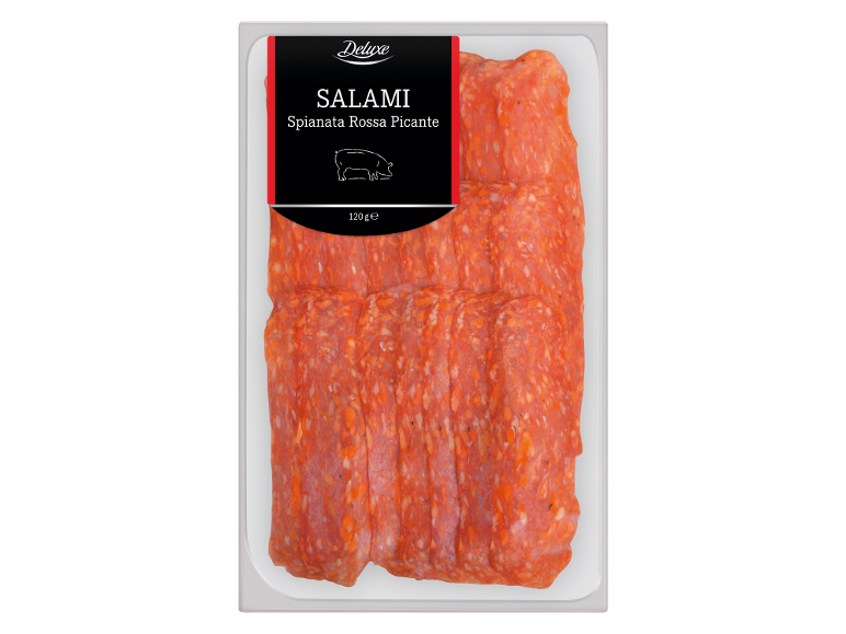 Συσκευασία σαλάμι Spianata Rossa Picante, 120γρ, με μαύρη ετικέτα.