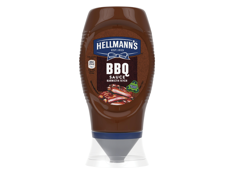 Μπουκάλι σάλτσας BBQ με την επιγραφή «BBQ Sauce» και διατροφικές πληροφορίες.