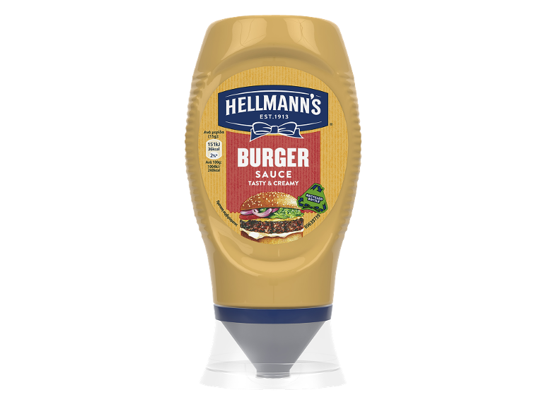 Μπουκάλι σάλτσας burger με την επιγραφή «Tasty & Creamy» και διατροφικές πληροφορίες.