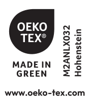 Σφραγίδα OEKO-TEX MADE IN GREEN με αριθμό M2ANLX032 Hohenstein και ιστότοπο.