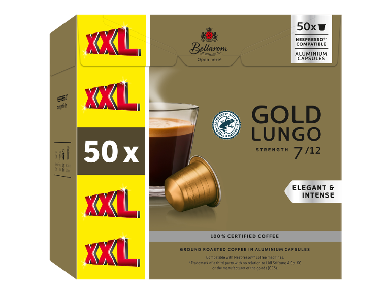 Κάψουλες καφέ XXL Gold Lungo, 50 τεμάχια, ένταση 7/12, συμβατές με καφετιέρες.