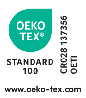 Σφραγίδα OEKO-TEX STANDARD 100 με αριθμό CR028 137356 OETI και διεύθυνση ιστού.