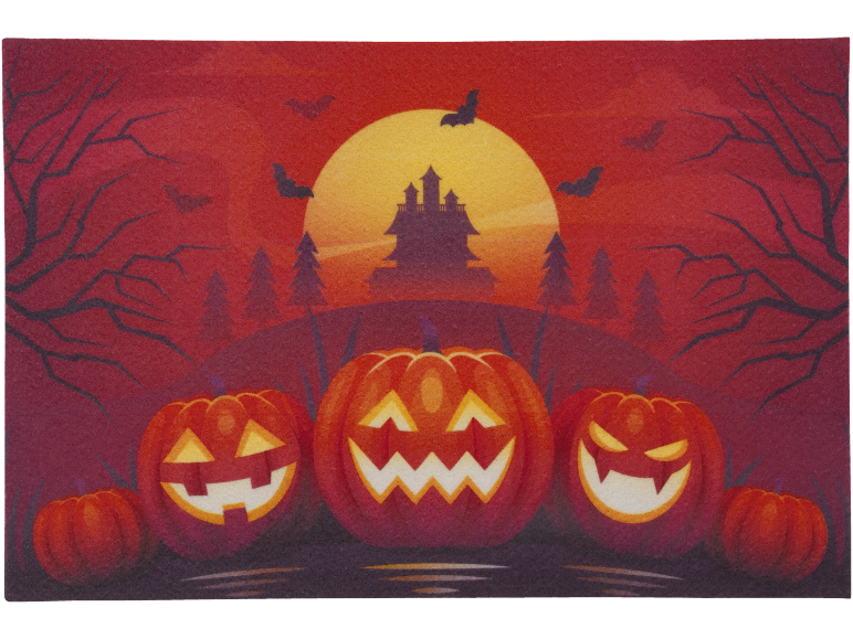 Σκηνή Halloween με σκαλιστές κολοκύθες, ένα στοιχειωμένο σπίτι, νυχτερίδες και δέντρα κάτω από πανσέληνο.