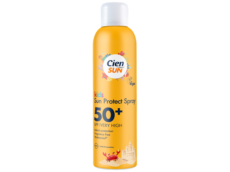 Παιδικό αντηλιακό σπρέι SPF 50+, πολύ υψηλή προστασία, άμεσο, χωρίς άρωμα, αδιάβροχο.