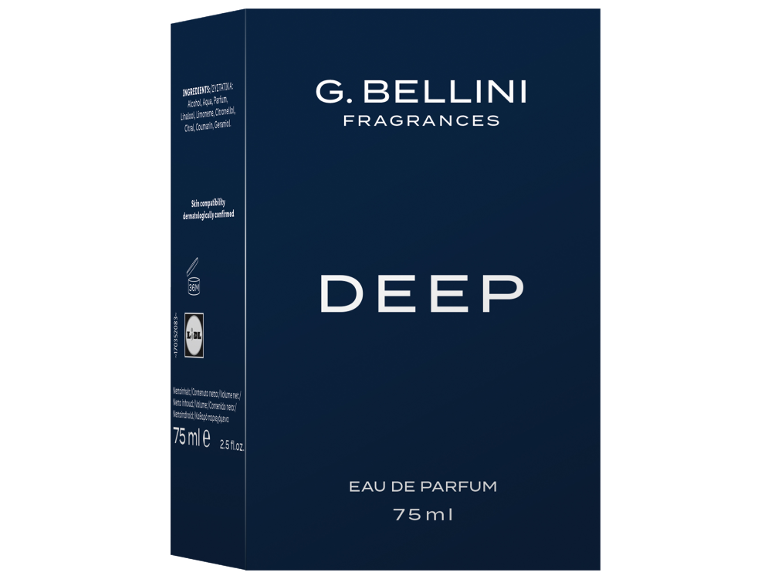 Σκούρο μπλε κουτί 75 ml eau de parfum με την επιγραφή «DEEP».