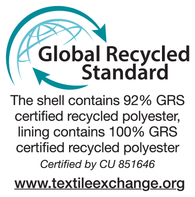 Global Recycled Standard: το κέλυφος περιέχει 92% GRS πιστοποιημένο ανακυκλωμένο πολυεστέρα, η επένδυση περιέχει 100% GRS πιστοποιημένο ανακυκλωμένο πολυεστέρα. Πιστοποιημένο από CU 851646. www.textileexchange.org