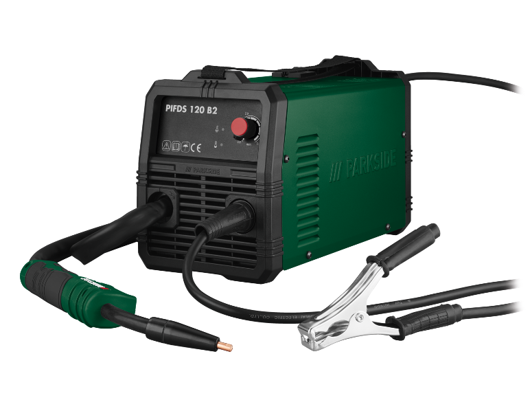 Πράσινη μηχανή συγκόλλησης inverter με καλώδια και σφιγκτήρες, μοντέλο PIFDS 120 B2.