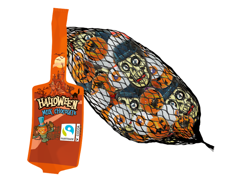 Σακούλα σοκολάτας γάλακτος Halloween με τρομακτικά σχέδια, κολοκύθες και κρανία.