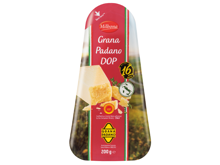 Συσκευασία τυριού Grana Padano DOP 200g, παλαιωμένο για πάνω από 16 μήνες.